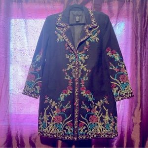 Silkland black silk (and 2% rayon) long, embroidered jacket size XL.